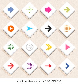 16 arrow sign icon set 01 (color on white). Rhombus web internet button with long shadow on beige paper background with plastic texture. Simple flat style. Vector illustration design element in 10 eps