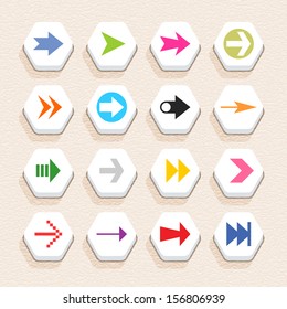 16 arrow sign icon set 02 (color on white). Hexagon web internet button with shadow on beige paper background with plastic texture. Simple flat style. Vector illustration design element in 10 eps