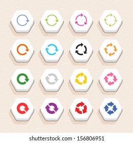 16 arrow sign icon set 04 (color on white). Hexagon web internet button with shadow on beige paper background with plastic texture. Simple flat style. Vector illustration design element 10 eps