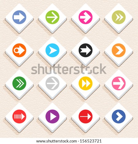 16 arrow sign icon set 03 (color on white). Rhombus web internet button with long shadow on beige paper background with plastic texture. Simple flat style. Vector illustration design element in 10 eps