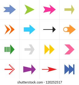 16 arrow sign pictogram set. Simple color web icon on white background. Modern contemporary solid plain flat mono minimal style. This vector illustration design elements saved in 8 eps