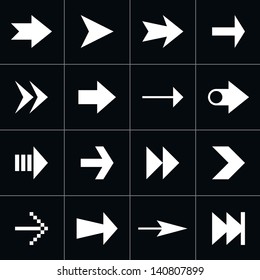 16 arrow sign pictogram set. Modern contemporary solid plain flat mono minimal style. Simple white icon on black background. Vector illustration web design elements saved in 8 eps