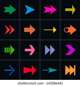 16 arrow sign pictogram set. Volume 02. Simple color web icon on black background. Modern contemporary solid plain flat mono minimal style. This vector illustration design elements saved in 8 eps