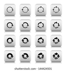16 arrow sign refresh, rotation, repeat, reload icon (set 04). Stone series. Black pictogram in square button shadow and reflection on white background. Vector illustration web design element in 8 eps