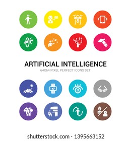 16 artificial intelligence vector icons set included robots and humans, rotation, sensorama, smart clothing, smart glasses, smart lens, smartwatch, solar energy car, synthetic food, technology tree,