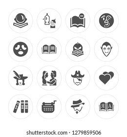 16 Astronaut, Wizard of oz, Typewriter, Books, Love, Open book, Scream, Three musketeers, Knight modern icons on round shapes, vector illustration, eps10, trendy icon set.