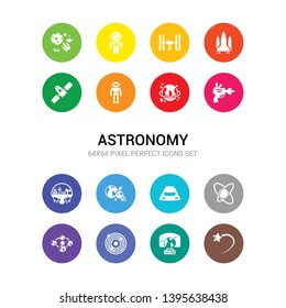 16 Astronomy Vector Icons Set Included Shooting Star, Simulator, Solar System, Solstice, Space, Space Capsule, Space Collision, Colony, Gun, Junk, Robot Icons