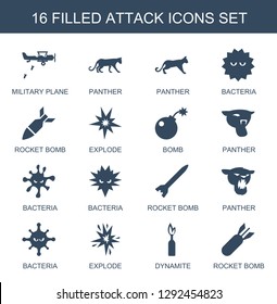 16 attack icons. Trendy attack icons white background. Included filled icons such as military plane, panther, bacteria, rocket bomb, explode, bomb. attack icon for web and mobile.