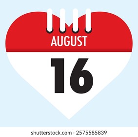 16 August calendar icon red heart shape on light sky blue color background, calendar vector symbol for the month of August.