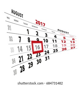 16 August highlighted on calendar 2017. Week starts from Monday. Vector Illustration.