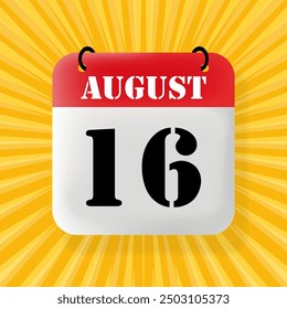 16 August. Speech bubble with calendar 2024, 2025. Year, month, day, week, time management. Planning concept. 3d illustration. Pop art style. Vector line icon for Business and Advertising