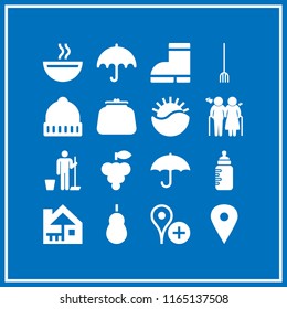 16 autumn vector icon set with umbrella, rake, boots and purse icons for mobile and web