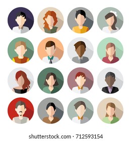 16 Avatars, women, and men heads in flat style. Vector illustration in the circle. Business style people.