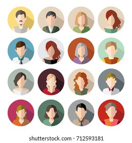 16 Avatars, women, and men heads in flat style. Vector illustration in the circle. Business style people.