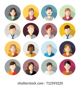 16 Avatars, women, and men heads in flat style. Vector illustration in the circle. Business style people.