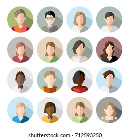 16 Avatars, women, and men heads in flat style. Vector illustration in the circle. Business style people.