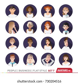 16 Avatars, women, and men heads in flat style. Vector illustration in the circle. Business cartoon style people.