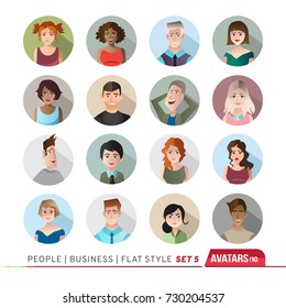 16 Avatars, women, and men heads in flat style. Vector illustration in the circle. Business cartoon style people.