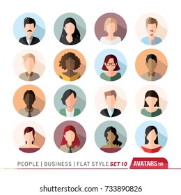 16 Avatars, women, and men heads in flat style. Vector illustration in the circle. Business cartoon style people.