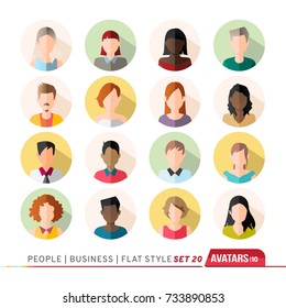 16 Avatars, women, and men heads in flat style. Vector illustration in the circle. Business cartoon style people.