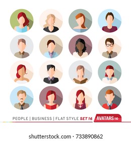 16 Avatars, women, and men heads in flat style. Vector illustration in the circle. Business cartoon style people.
