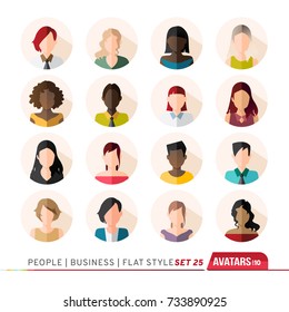 16 Avatars, women, and men heads in flat style. Vector illustration in the circle. Business cartoon style people.