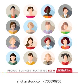 16 Avatars, women, and men heads in flat style. Vector illustration in the circle. Business cartoon style people.