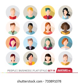 16 Avatars, women, and men heads in flat style. Vector illustration in the circle. Business cartoon style people.