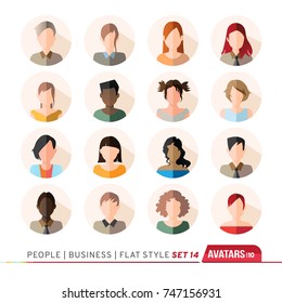 16 Avatars, women, and men heads in flat style. Vector illustration in the circle. Business cartoon style people.