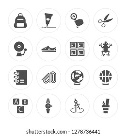 16 Backpack, Glue, Watch, Abc, Basketball, Pencil case, School bell, Notebook, Lockers modern icons on round shapes, vector illustration, eps10, trendy icon set.