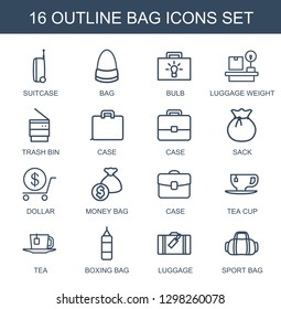16 bag icons. Trendy bag icons white background. Included outline icons such as suitcase, bulb, luggage weight, trash bin, case, sack, dollar, money bag. bag icon for web and mobile.
