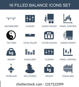 16 balance icons. Trendy balance icons white background. Included filled icons such as skateboard, sliders, cargo height, panel control, yin yang. balance icon for web and mobile.