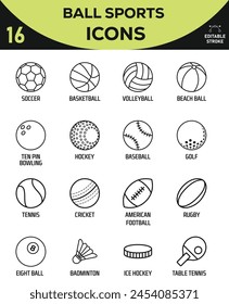 16 Ball Sports Bold Line Icons Design Symbol Template Flat Style Vector