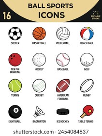 16 Ball Sports Colored Icon Set Design Symbol Template Flat Style Vector