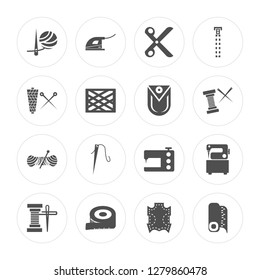 16 Ball of wool, Iron, Measuring tape, Spool thread, Sewing machine, Fabric, Thread, Crochet, Pocket modern icons on round shapes, vector illustration, eps10, trendy icon set.