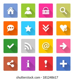 16 basic icon set 05 (white sign on color). Square web button on white background. Simple minimalistic mono flat long shadow style. Vector illustration internet design graphic element 10 eps