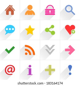 16 basic sign flat icon with long shadow (set 05). Blue, green, pink, orange, brown, yellow, violet, purple, red, cobalt, magenta signs on white background. Vector illustration design element in 8 eps