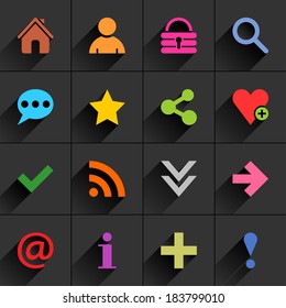 16 basic sign flat icon with long shadow (set 05). 