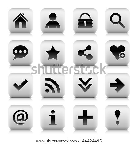 16 basic sign gray icon (set 05). Series in a stone style. Black pictogram in rounded square button with shadow and reflection on white background. Vector illustration web design element in 8 eps