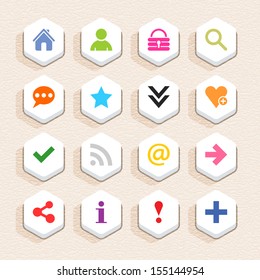 16 basic sign icon set 05 (color on white). Hexagon button web internet shape with shadow on beige paper background with plastic texture. Simple flat style. Vector illustration design element 10 eps
