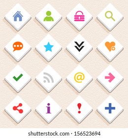 16 basic sign icon set 05 (color on white). Rhombus web internet button with long shadow on beige paper background with plastic texture. Simple flat style. Vector illustration design element in 10 eps
