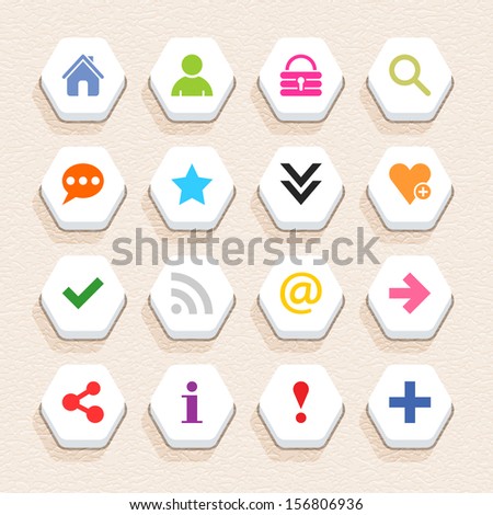 16 basic sign icon set 05 (color on white). Hexagon web internet button with shadow on beige paper background with plastic texture. Simple flat style. Vector illustration design element 10 eps