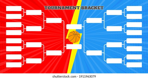 16 plantilla de campeón del equipo de baloncesto estilo plano ilustración vectorial aislada en fondo blanco. Calendario de corchetes de campeonato para la hoja de cálculo del partido de baloncesto.