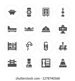 16 Bathtub, Doorknob, Bellboy, Pool, Trolley, Room Service, Bed, Bunk Hotel modern icons on round shapes, vector illustration, eps10, trendy icon set.