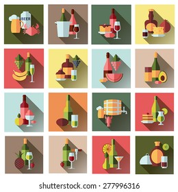 16 beautiful color isolated vector set with food and drink, dessert and wine on a colored background with shadow