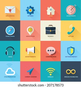 16 Beautiful Web Icons For You Design. Mail Service, Settings, Home, Achievements, Travel Guides, Geolocation, Business, Hot Line, Music, Advertisements, Communication, Software, Synchronization.