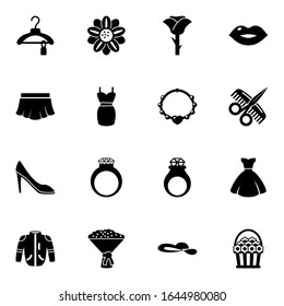 16 beauty filled icons set isolated on white background. Icons set with Clothes, Floral design, rose, skirt, dress, necklace, woman shoes, diamond ring, kiss, Hairdressing salon icons.