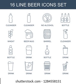 16 beer icons. Trendy beer icons white background. Included line icons such as cleanser, no alcohol, bottle, wheat, beer mug, barrel, drink. beer icon for web and mobile.