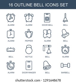 16 bell icons. Trendy bell icons white background. Included outline icons such as alarm, door bell, pepper, kettle, door ringer, barbell. icon for web and mobile.