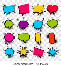 16 Big Set Picture Blank Template Pop Art Style Comic Text Speech Bubble Halftone Dot Background. Comics Book Dialog Empty Cloud, Space Cartoon Box Pop-art. Creative Idea Conversation Sketch Explosion